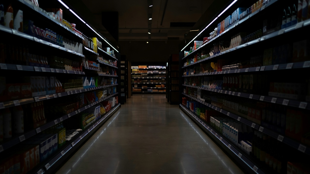 Quiet retail aisle with illuminated shelf edges and deep shadows between displays