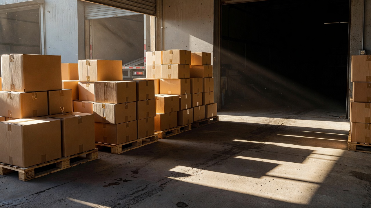 Retail delivery loading area with stacked cartons and a shadowed receiving doorway