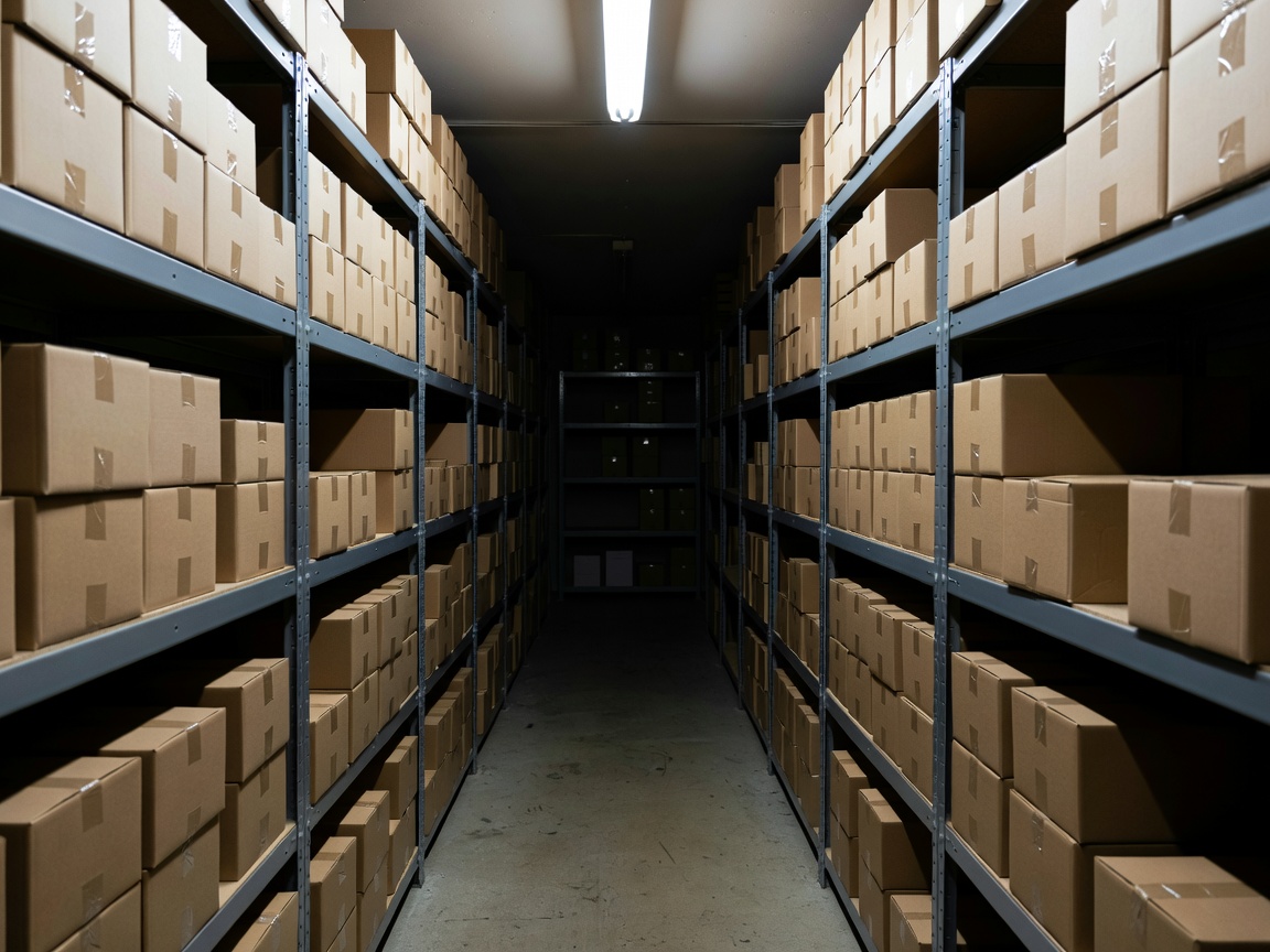 Narrow stockroom aisle with labelled cartons on shelving and deep shadows toward the rear