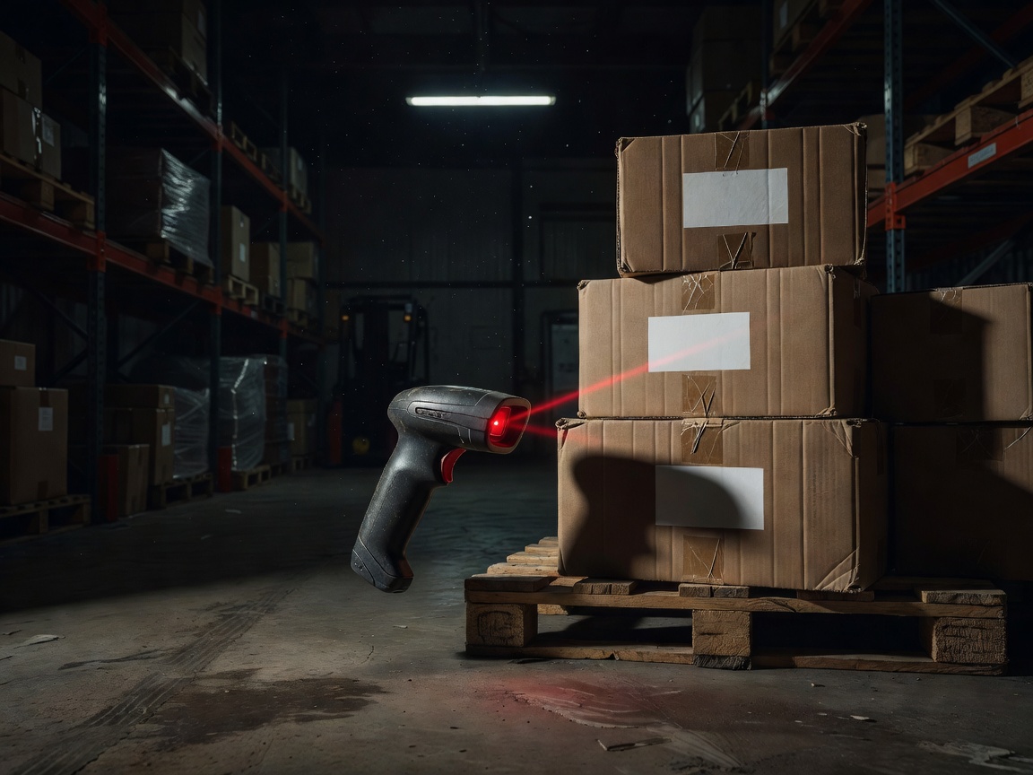 Handheld barcode scanner beside labelled cartons in a shadowed stockroom